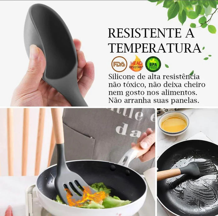 Kit Utensílios de Cozinha Silicone com Cabo de Madeira - 12 Peças + Brinde: E-book 47 receitas saudáveis