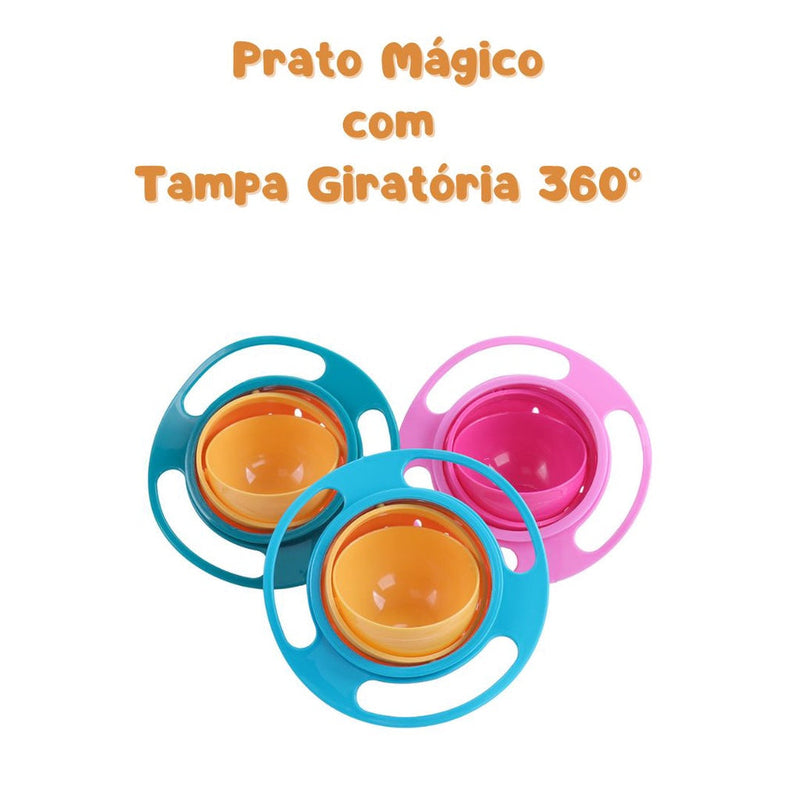 Prato Mágico com Tampa Giratório 360° Não Derrama Tigela Bowl Alimentação Infantil Bebê