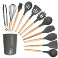 Kit Utensílios de Cozinha Silicone com Cabo de Madeira - 12 Peças + Brinde: E-book 47 receitas saudáveis