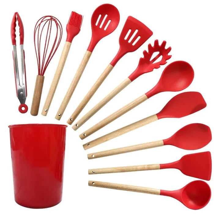 Kit Utensílios de Cozinha Silicone com Cabo de Madeira - 12 Peças + Brinde: E-book 47 receitas saudáveis