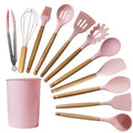 Kit Utensílios de Cozinha Silicone com Cabo de Madeira - 12 Peças + Brinde: E-book 47 receitas saudáveis