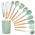 Kit Utensílios de Cozinha Silicone com Cabo de Madeira - 12 Peças + Brinde: E-book 47 receitas saudáveis