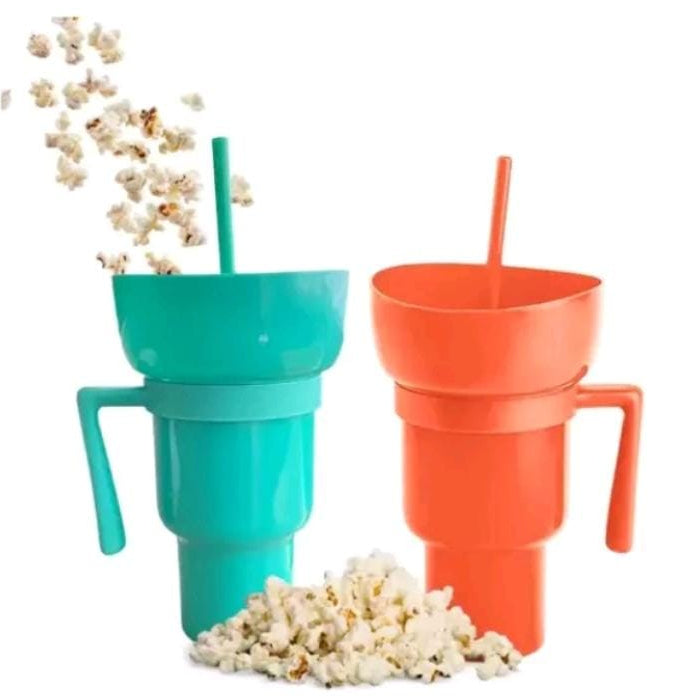 Copo com suporte, alça e canudo prático Porta Pipoca Pote Kit Cinema