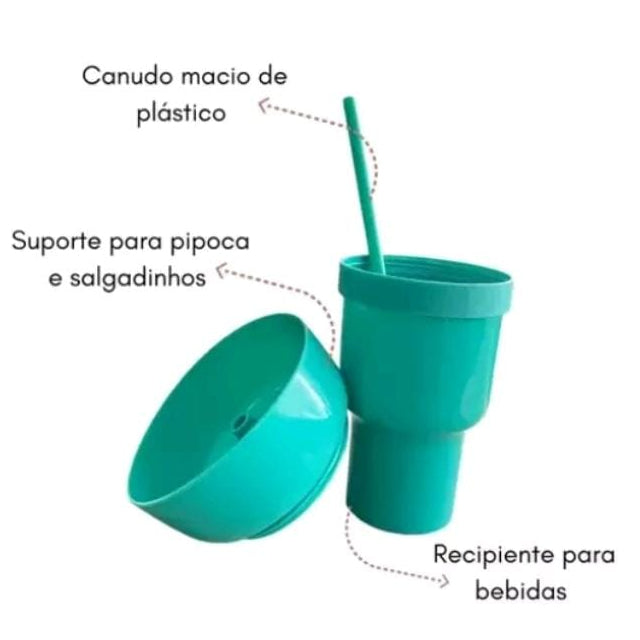 Copo com suporte, alça e canudo prático Porta Pipoca Pote Kit Cinema