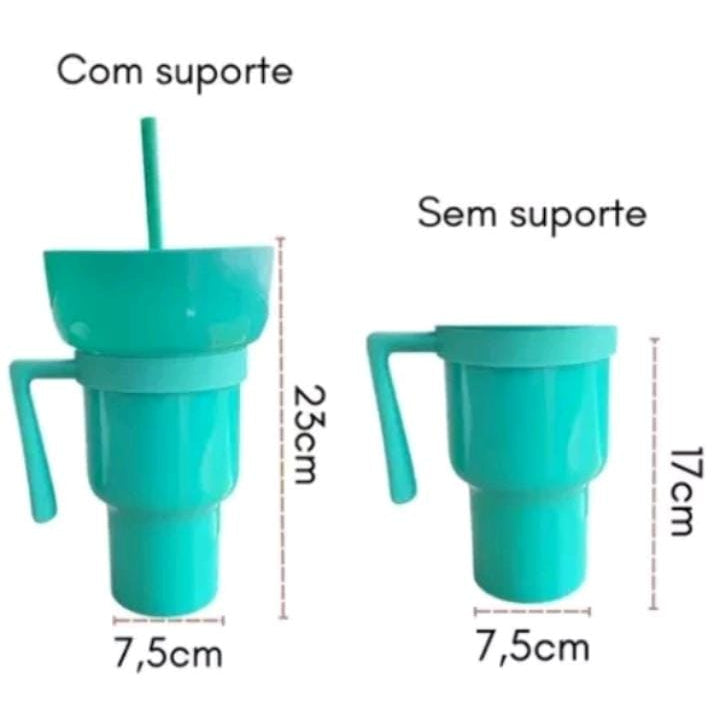 Copo com suporte, alça e canudo prático Porta Pipoca Pote Kit Cinema