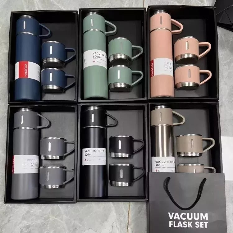 caneca Kit Garrafa Térmica Vacuum Bottle Inox 500ml + 3 Xícaras Bebidas Fria ou Quente