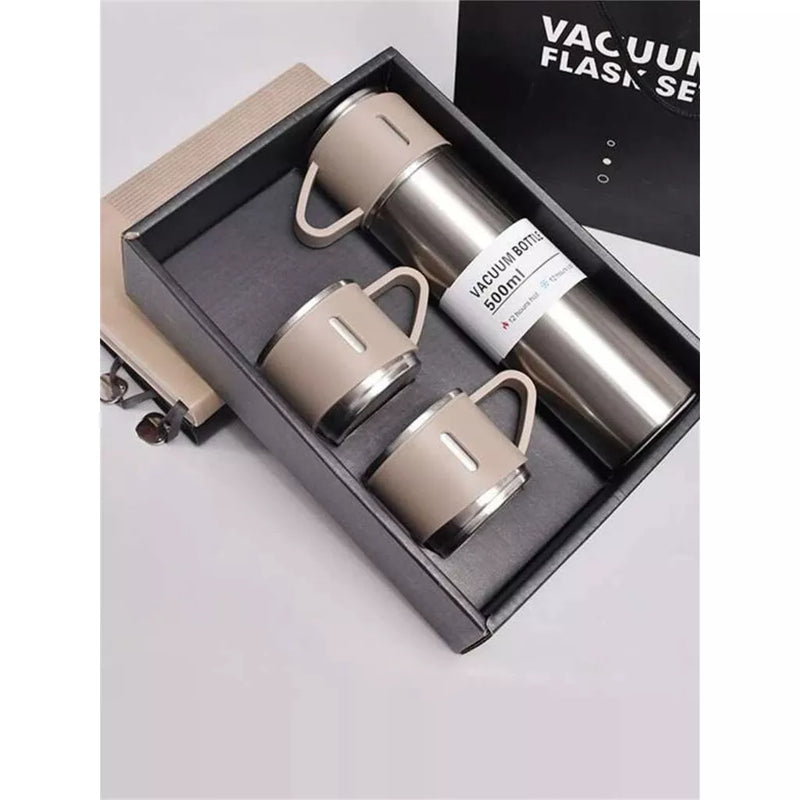 caneca Kit Garrafa Térmica Vacuum Bottle Inox 500ml + 3 Xícaras Bebidas Fria ou Quente