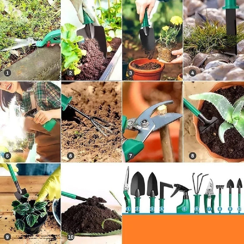 Kit Para Jardinagem Jardim Jogo Ferramentas Grama Corta Galhos Maleta Pás Poda 10 Peças Com Maleta Promoção