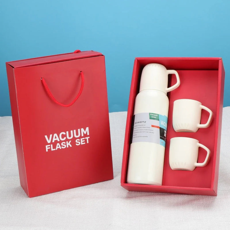 caneca Kit Garrafa Térmica Vacuum Bottle Inox 500ml + 3 Xícaras Bebidas Fria ou Quente