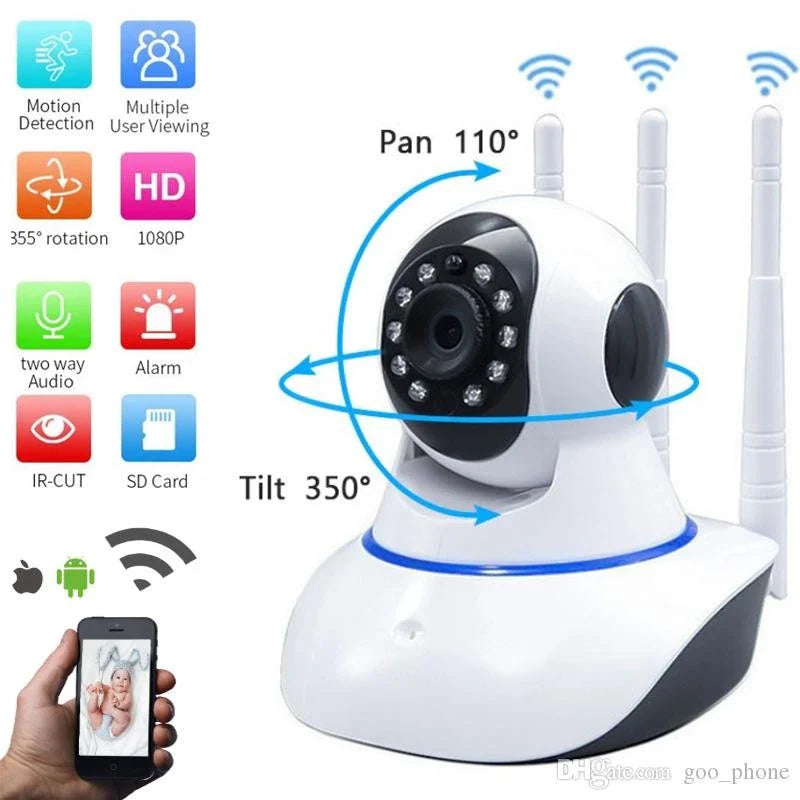 câmera iP robô 3 antenas wifi visão noturna full HD 360º microfone áudio babá eletrônica robozinho sem fio