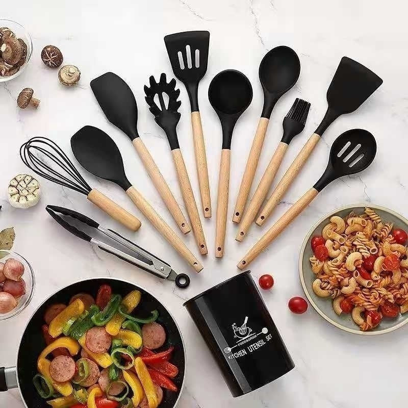 Kit Utensílios de Cozinha Silicone com Cabo de Madeira - 12 Peças + Brinde: E-book 47 receitas saudáveis