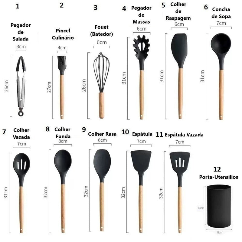 Kit Utensílios de Cozinha Silicone com Cabo de Madeira - 12 Peças + Brinde: E-book 47 receitas saudáveis